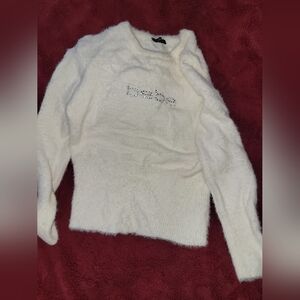 bebe White Fuzzy Logo Crewneck Sweater